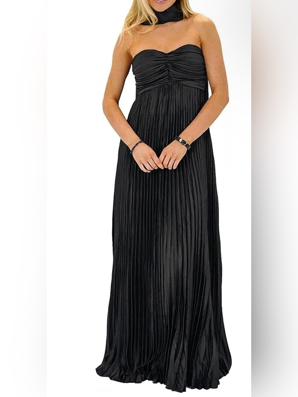 NWT Black Pleated Maxi Gown Corset Back Strapless Scarf Formal Dress size 6